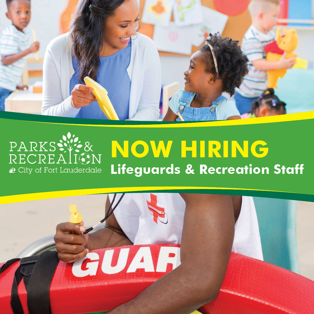 Now Hiring Lifeguards and Recreation Staff. Picture of woman and a child smiling at each other. Picture of a lifeguard holding a rescue buoy.