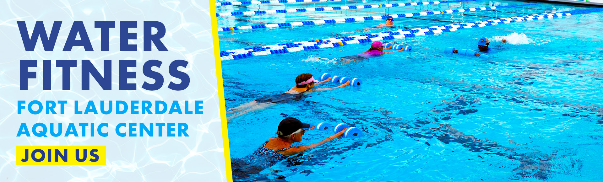 Water fitness at the Fort Lauderdale Aquatic Center. Register now. Photo of people exercising in a pool with weights