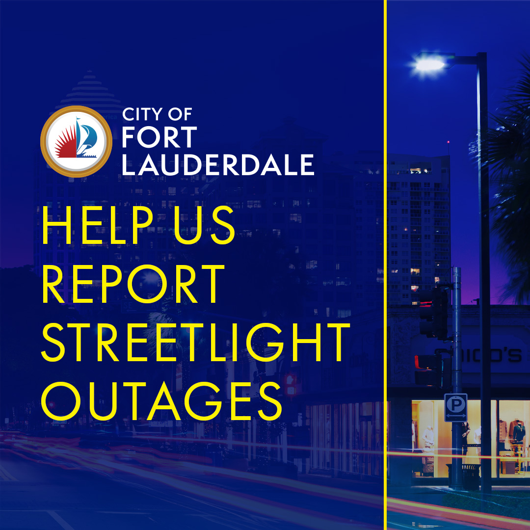 Help Us Report Streetlight Outages. Photo of blue shaded nighttime scene of Las Olas Boulevard.