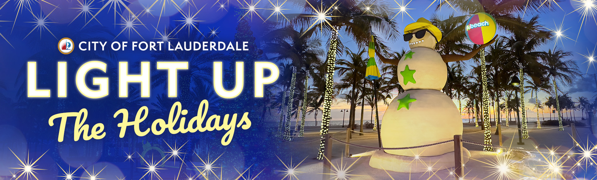 Light Up the Holidays web banner, photo of Olas the giant sandman on Fort Lauderdale Beach